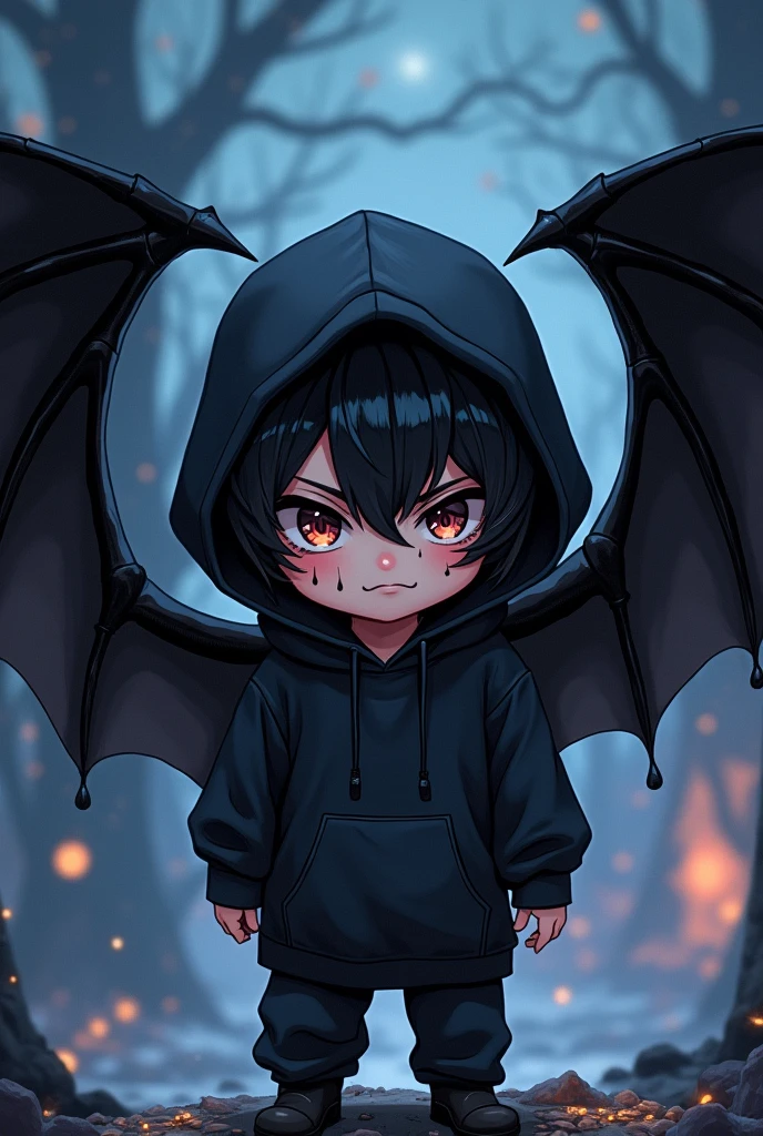 Chibi, anime style with eyeliner, short to medium length, creates a villain boy with black hair, black hoodie, with black wings and a black liquid dripping from his eyes