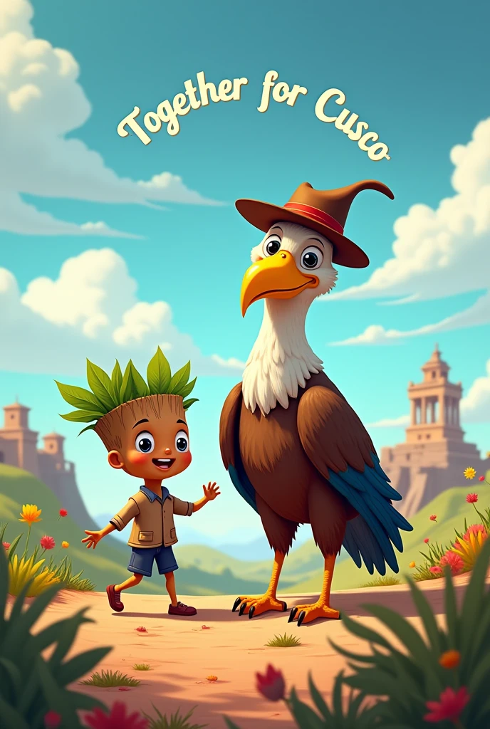 Little doll of a tree walking with a condor wearing a hat on his head walking animated like a logo with the phrase together for Cusco, around the little doll