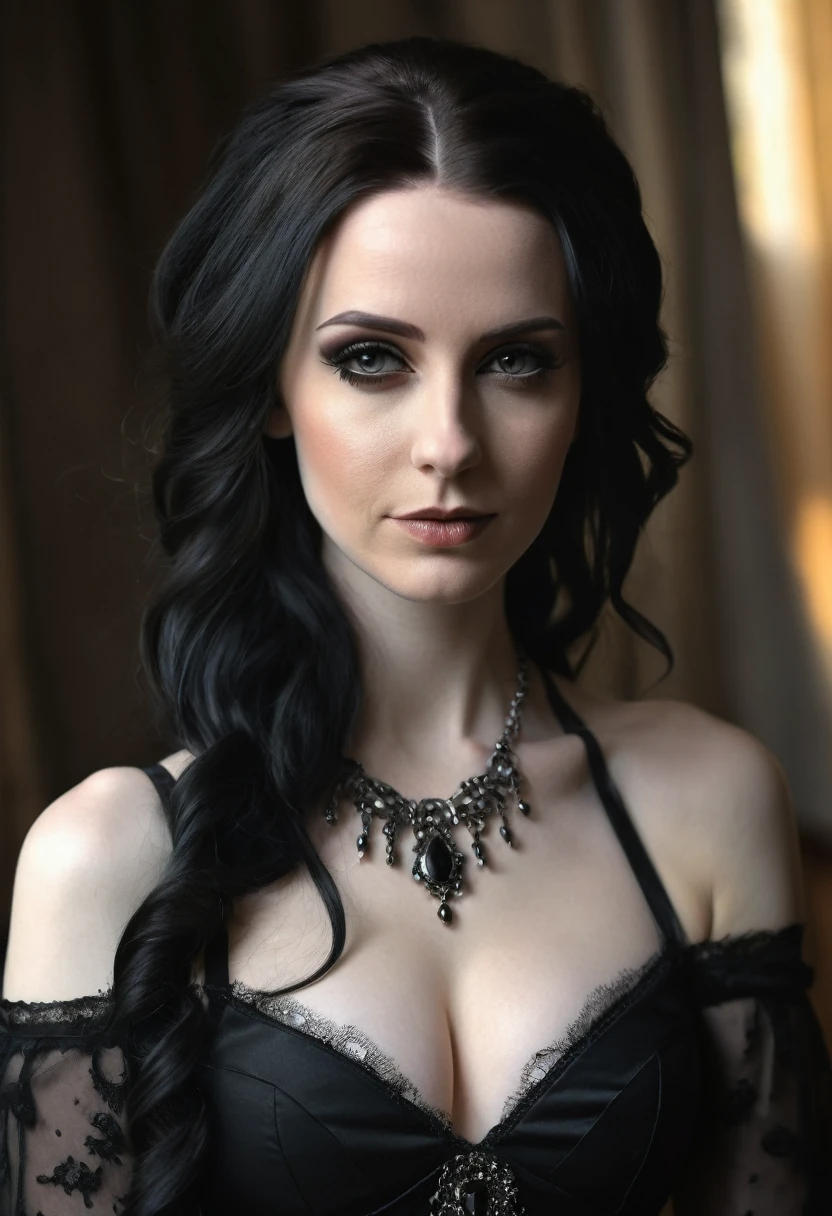 gothique, goth, Francaise 30ans, pale de peau, cheveux long brun lisse, sexy, réaliste yeux, femme réelle, lumière naturel, forme généreuse, longue robe noir, photo naturel , photo en haute qualité dans un grand salon moderne noire, collier bijoux, maquillage, ultra realiste, 4k, reel, détail, photo en extérieur, soleil, visage avec du caractère, nez prononcé, grimaces, nez long