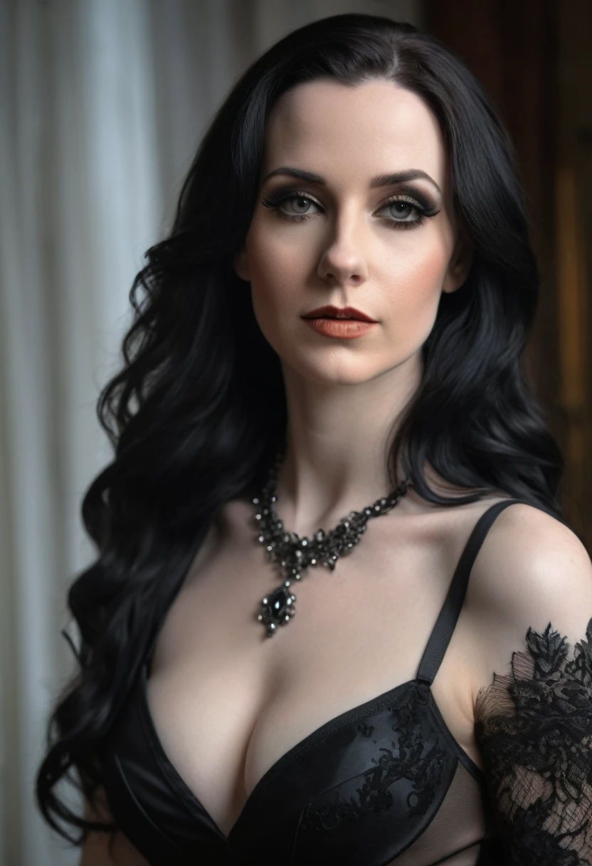 gothique, goth, Francaise 30ans, pale de peau, cheveux long brun lisse, sexy, réaliste yeux, femme réelle, lumière naturel, forme généreuse, longue robe noir, photo naturel , photo en haute qualité dans un grand salon moderne noire, collier bijoux, maquillage, ultra realiste, 4k, reel, détail, photo en extérieur, soleil, visage avec du caractère, nez prononcé, grimaces, nez long
