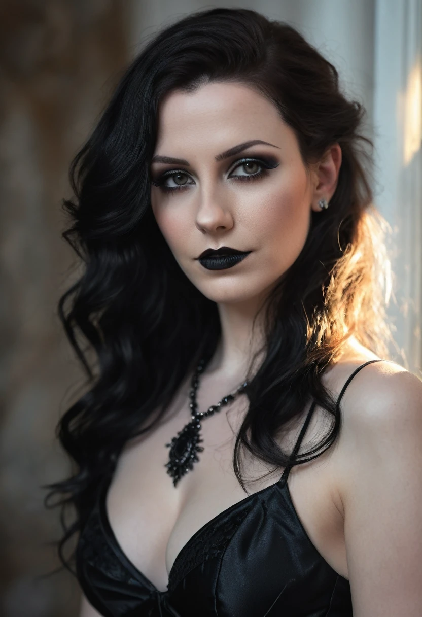 gothique, goth, Francaise 30ans, pale de peau, cheveux long brun lisse, sexy, réaliste yeux, femme réelle, lumière naturel, forme généreuse, longue robe noir, photo naturel , photo en haute qualité dans un grand salon moderne noire, collier bijoux, maquillage, ultra realiste, 4k, reel, détail, photo en extérieur, soleil, visage avec du caractère, nez prononcé, grimaces, nez long