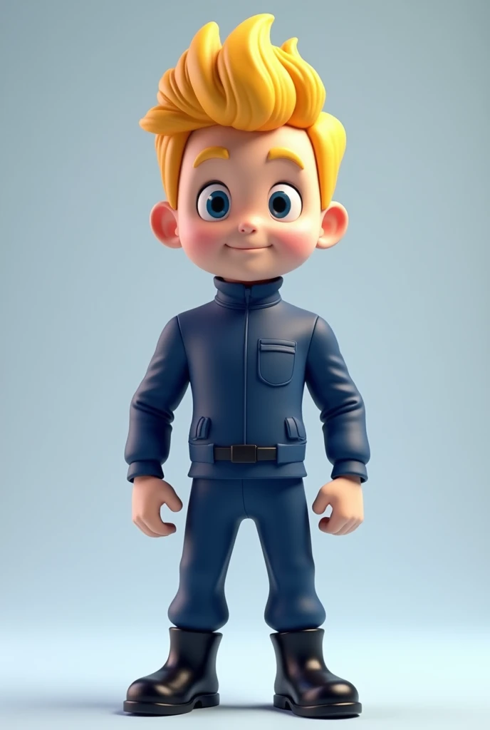 Create a male 3d mascot facing forward , I want a blonde character with a short quiff who wears a dark blue uniform and dark blue pants too without a logo and without details with black boots with a full HD image ,