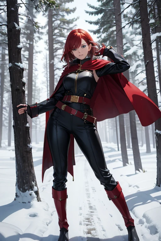 Sylara Stormblade, a tall woman with bright red hair and blue eyes, wearing elegant mithril armor with golden details, tight black leather pants with metallic segments, a sturdy belt with multiple compartments and pouches for storing items and a scabbard for her sword, knee-high leather boots, with shin and ankle reinforcement, in golden details, anime style, standing in a forest, wearing gauntlets and a red cape, in the snow, showing her whole body in an action pose.