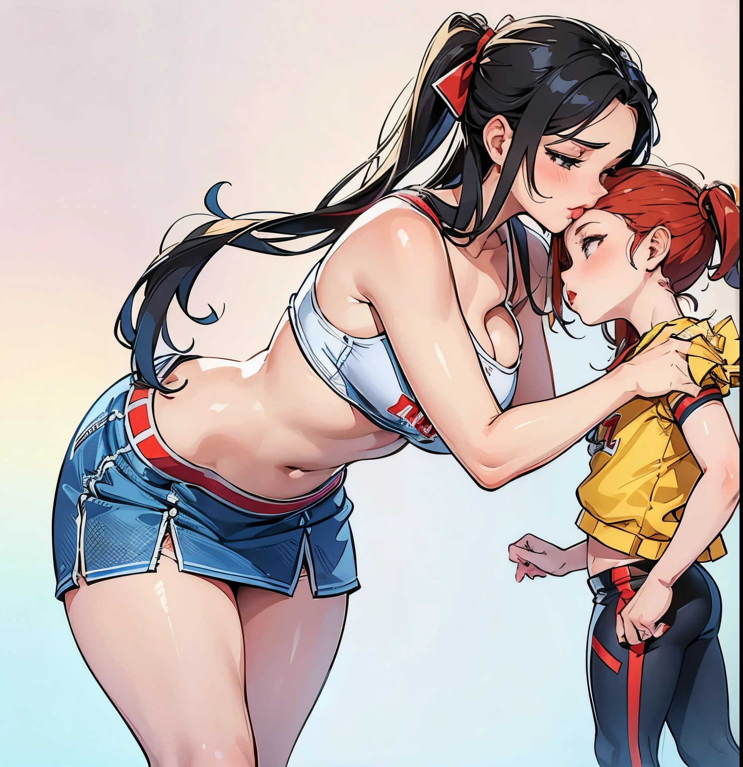 2girls, kissing forehead, girl kiss girl forehead, puckered lips, closed mouth, lips, red lips, cheerleader,high quality, best quality, masterpiece, absurdres