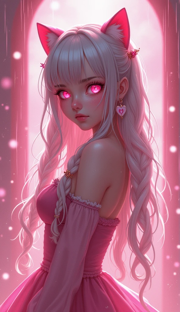 photorealistic,Realistic illustration in Modelshoot style,((masterpiece)),((The best quality)),((Ultra Quality)),((ultra detailed)),((1girl long white hair)),((Only)),((waifu:1.5)),Perfect anatomy,perfect hands,beautiful cuerpo,beautiful_method,ulzzang-6500-v1,e-chica,Exceptionally Beauty Waifu Princess Mary R., intricate details, realist, photorealist, Full Body Portrait, Instagram Photo of a woman wearing aretes, Mary R., inspired by Emma Andijewska, wrapped in crystals,(masterpiece:1.3), (Best Quality:1.3), (Ultra-detailed:1.2), ((kawaii)), Cute, (lovely), ((sexy)), ((Extremely detailed)), 4K, (8K), Best Quality, (Beautiful), Illustration, anime style, (bold line:1.2), Gradation,(best quality, ultra-detailed, photorealistic: 1.39), bright and vibrant colors, studio lighting, (Perfect eyes:1.2), (Perfect iris:1.2), romantic kawaii expression, cute delicate smile, kawaii makeup, 17-year-old e-girl, short red dress, platinum braided and curl white hair, cat ears, big breasts, fit, long wavy hair, mercenary, Mary R.,((bright-pink_eyes)),long wavy hair,hair clips,eyeliner,cute makeup,lipstick,Glossy lipstick,with a look of terror, worry and sadness,((eyes detallados perfectos)),rainy with fog outside,evening,pink theme,bioluminiscencia,light particles,((Extremely CG Unity 8K Wallpaper)),((cinematic lighting,Best quality lights)),intricate details,Suave,sharp focus,Extremely beautiful and aesthetic,Octane rendering,Full length portrait,damp skin,((Perfect detailed body)),