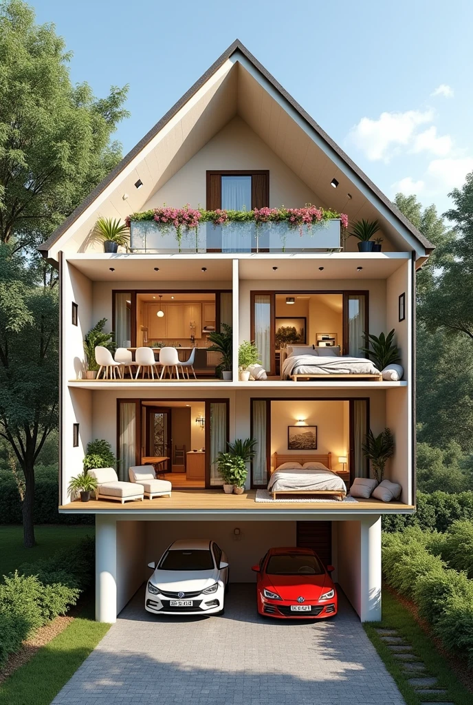 IMAGE OF A TWO-STORY HOUSE WITH A CROSS-SECTION, WHERE THE DISTRIBUTION OF THE KITCHEN AREAS CAN BE SEEN, A DINING ROOM, living room, Bathroom, A LAUNDRY, a bedroom, balcony, TERRACE AND PARKING