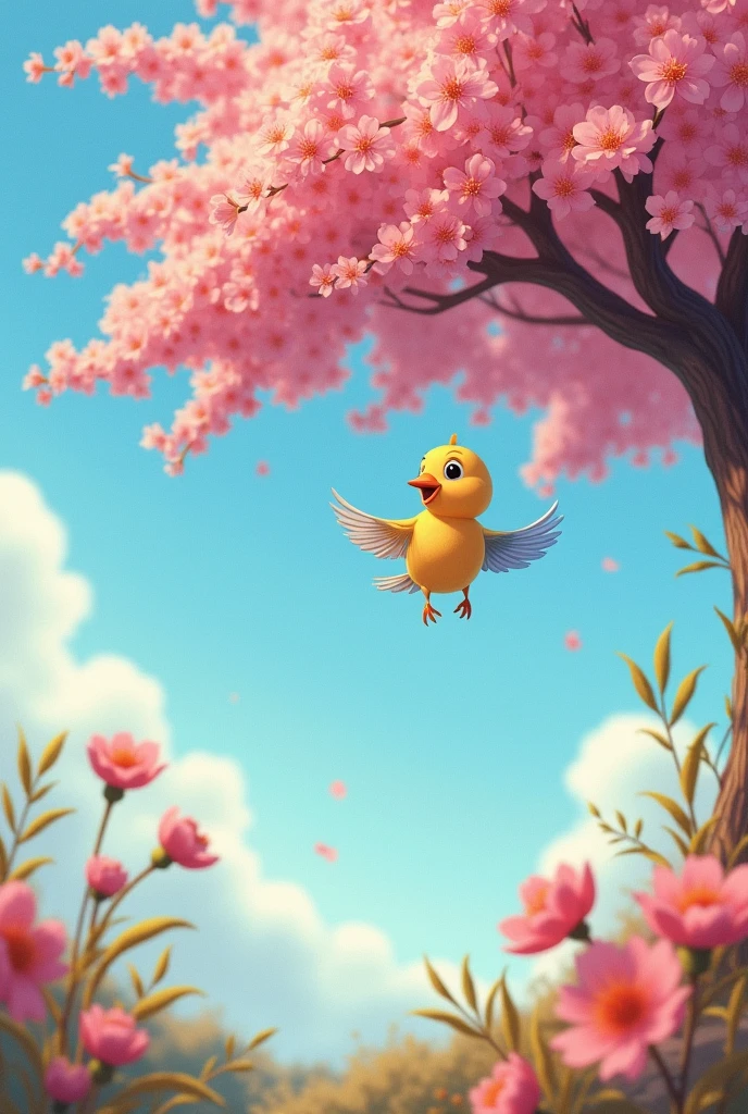 Little bird flying happily and free to a beautiful flowering tree. Old 2d disney style