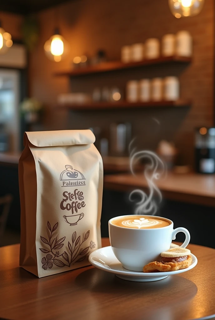 Make me a to-go package of a coffee and a dessert that says Steff Coffee
