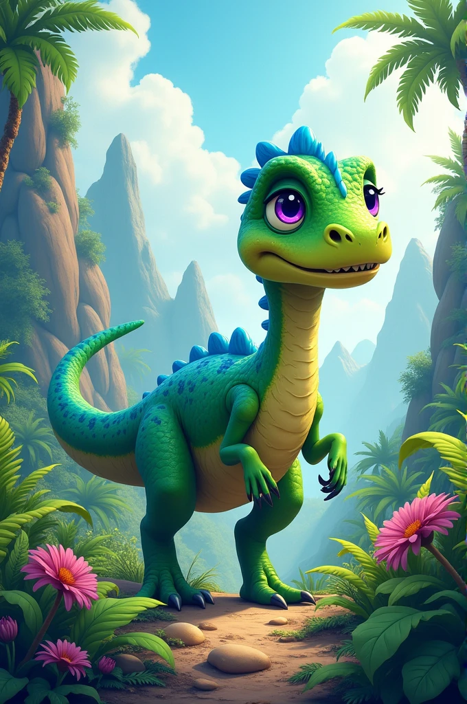 Green and blue dinosaur with purple eyes