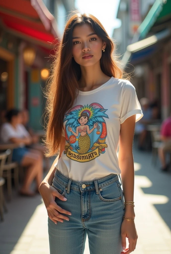 A burmese 20 girl,babytee and mid jeans, brown mermaid hair
