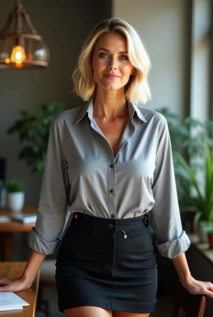 Professional, High level of detail, Full body photo of blonde (attractive 45yo woman:1.3), (classy stylish bob haircut)1.3, (neon gray-colored tight opened shirt)1.4, (rolled up black skirt:1.3), (black stockings), 1.455,natural lighting, (seductive:1.1), (blushing:1.1 ), (classy, elegant, dandy)1.2, (big natural breasts)1.2, (no bra, perky nipples:1.3 )1.2, (toned body, hourglass body shape), (wide hips), (toned thick thighs), (full body with visible face and eyes)1.5, bending over a desk