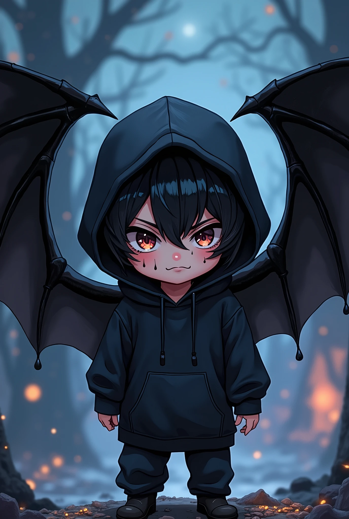 Chibi, anime style with eyeliner, short to medium length, creates a villain boy with black hair, black hoodie, with black wings and a black liquid dripping from his eyes