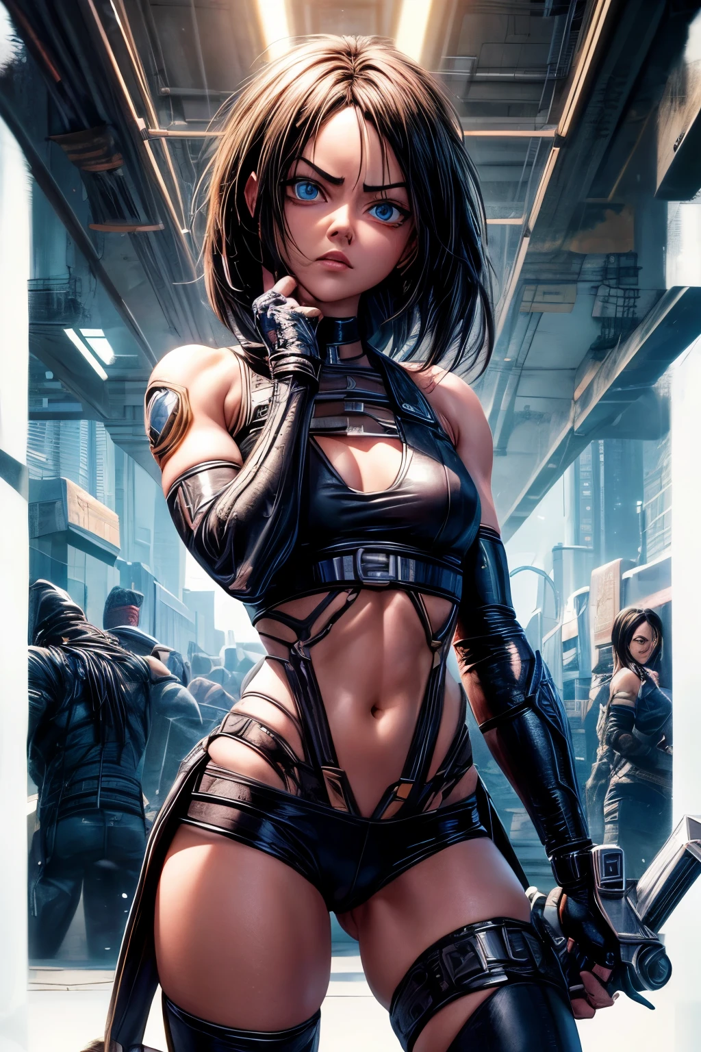 Alita character from the movie Alita Battle Angel, struggling pose, holding a BASTAN 