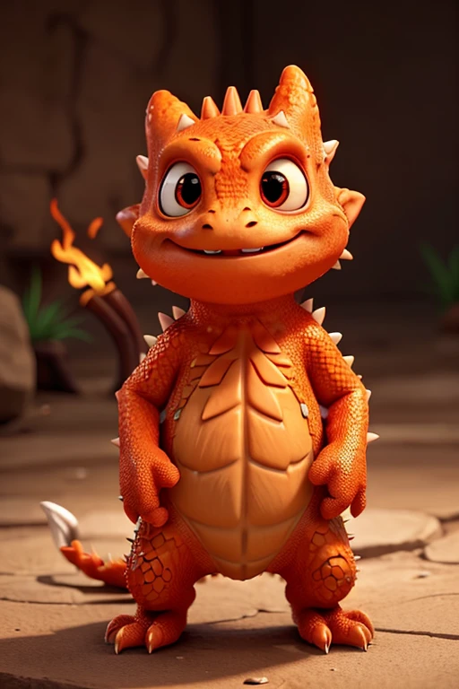  A small, spiky lizard with a bright orange and red color scheme. It has a flame-shaped tail and a determined expression.