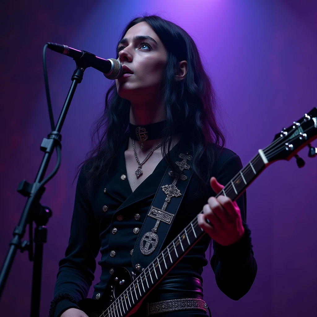 A sexy young male, with long black hair, teal blue eyes, long eyelashes, and delicate and pretty, handsome features. Dressed in all gothic clothes. In a metal band, singing and playing electric guitar. (No facial or body hair) seductive, pretty. The overall look is very erotic. His skin is pale and white. (((Gothic style))) (((Halloween))) ((Best quality)), ((masterpiece)), 8k (detailed), ((perfect face)) ((fullbody)), perfect proportions. (((No facial hair))) ((no body hair)) (((young handsome boy))) (((purple and black))) He's sexy. Wearing a gothic waist corset. Male. Boy. Handsome.