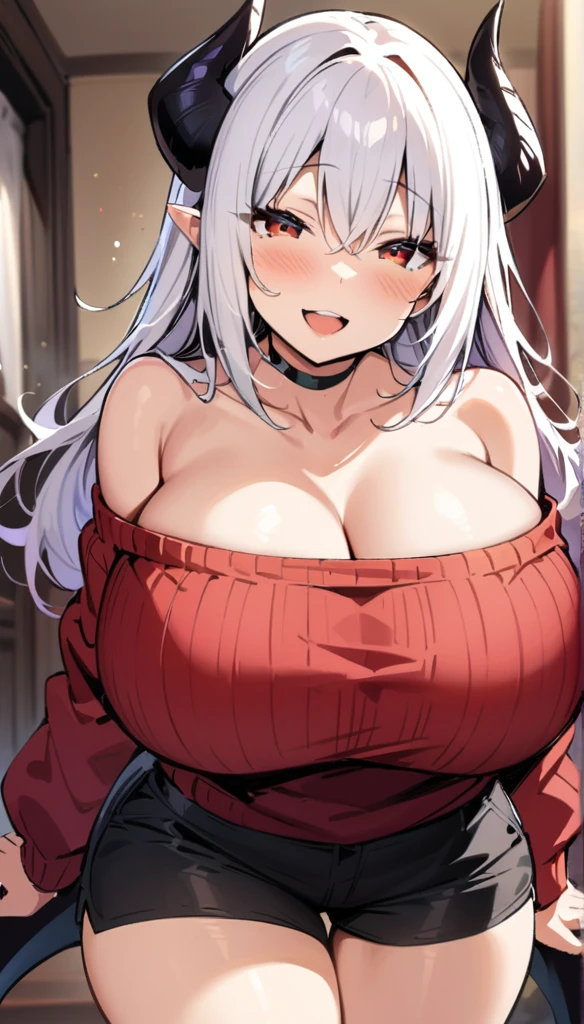 ((Best Quality)), ((masterpiece)), (detailed), 1 girl, long white hair, black horns, red eyes with hearts, big breasts, big thighs, black succubus tail, wide open eyes, expression smiling, open mouth, blush, Red oversized sweater showing shoulders, black shorts, at home, looking at the viewer, view from behind, backward