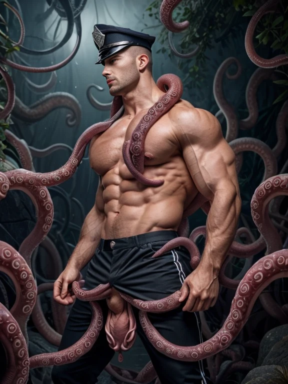 The muscular and strong police officer is dressed in a neat and straight uniform, wearing a regulation police cap with the police emblem on it, with regular epaulets, tentacles, slimy tentacles, monster and human breeding, Tentacles wrapped around the body, Insert tentacles into the body, Blocked mouth by tentacles, Both hands are bound, The reproductive organs are covered in tentacles, The chest was torn apart by tentacles, Tentacles penetrate deep into clothes, Wearing pants completely, Complete wearing of trousers, Complete wearing of trousers, Do not expose the reproductive organs