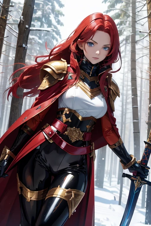 Sylara Stormblade, a tall woman with bright red hair and blue eyes, wearing elegant mithril armor with golden details, tight black leather pants with metallic segments, a sturdy belt with multiple compartments and pouches for storing items and a scabbard for her sword, knee-high leather boots, with shin and ankle reinforcement, in golden details, anime style, standing in a forest, wearing gauntlets and a red cape, in the snow, showing her whole body in an action pose.