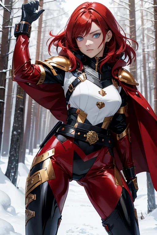 Sylara Stormblade, a tall woman with bright red hair and blue eyes, wearing elegant mithril armor with golden details, tight black leather pants with metallic segments, a sturdy belt with multiple compartments and pouches for storing items and a scabbard for her sword, knee-high leather boots, with shin and ankle reinforcement, in golden details, anime style, standing in a forest, wearing gauntlets and a red cape, in the snow, showing her whole body in an action pose.