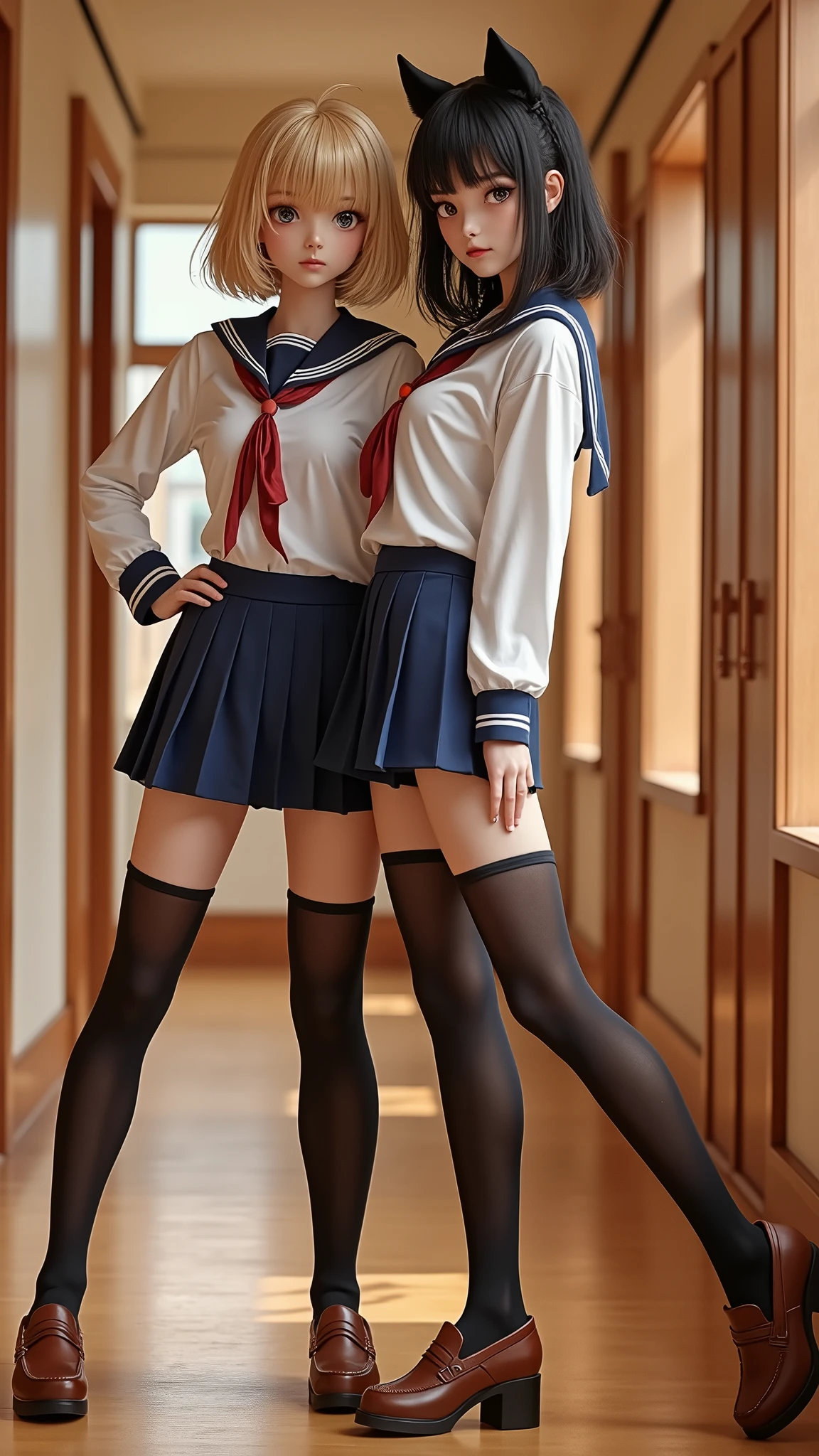 Ultra-high resolution, Realistic, Very detailed, Golden Ratio, Highest quality, Mary R., (Two high school girls are standing facing this way, full body shot), Japanese high school girls, (promotional photoshoot), (Are standing), (They always wear black stockings.), They stand on the floor wearing brown high heels, (Two beautiful high school girls with exemplary figures), Beautiful Face, (Realisticな face), (biondeのショートカット:1.3), Japanese bionde, bionde, Long Wavy Hair, Black Braided and Curl Hair, Cat Ears, Glare, Frowning, Drooling, Long Tongue, Verbal invitation, compensate, Frowning, Frowning, Surrealism, First Person View, First Person View, Wide-angle, Ultra-high resolution, Anatomically correct, Super detailed, 16K, (Two beautiful high school girls, Standing side by side), They both wear the same uniform, (She is wearing a navy blue mini uniform..), (Not exposed), Not see-through, (F Cup Big:1.8), Cleavage, (Realistic shirt and skirt), Narrow waist, (The pleated mini skirt is very short:1.7), (wide thighs and long legs:1.6), (Seamless black stockings:1.5),(wide thighs), (Very long legs), ((Thighs in shiny black stockings)), (The black stockings have no pattern.), (Wearing brown high heel loafers), Accurate high heels,