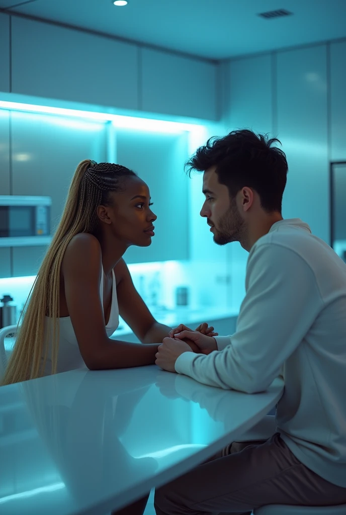 hyper realistic portrait of skai Jackson, dark skinned black girl, 19 years old, with long blonde hair and brown eyes. She should have a natural, approachable expression and be lit by soft, blue light, canon eos r5, raw format, in a futuristic kitchen, sitting at a dining table, looking into the eyes of a 19 year old white guy with good looks and black hair, wearing acne studios
