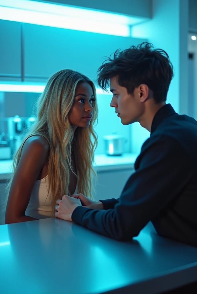 hyper realistic portrait of skai Jackson, dark skinned black girl, 19 years old, with long blonde hair and brown eyes. She should have a natural, approachable expression and be lit by soft, blue light, canon eos r5, raw format, in a futuristic kitchen, sitting at a dining table, looking into the eyes of a 19 year old white guy with good looks and black hair, wearing acne studios