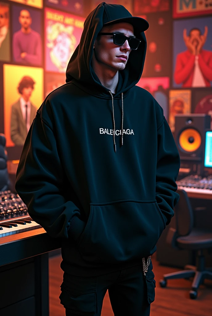 (photorealism:1.2) a 35 years old blonde guy, japanese style clothes streetwear, oversized, black, balenciaga, fitness, wearing balenciaga streetwear, balenciaga, all black, hoodie over the head, wide jacket, japanese style, oversized clothes, black cap, black sunglasses, black nails, boots, chains, background is a music studio.