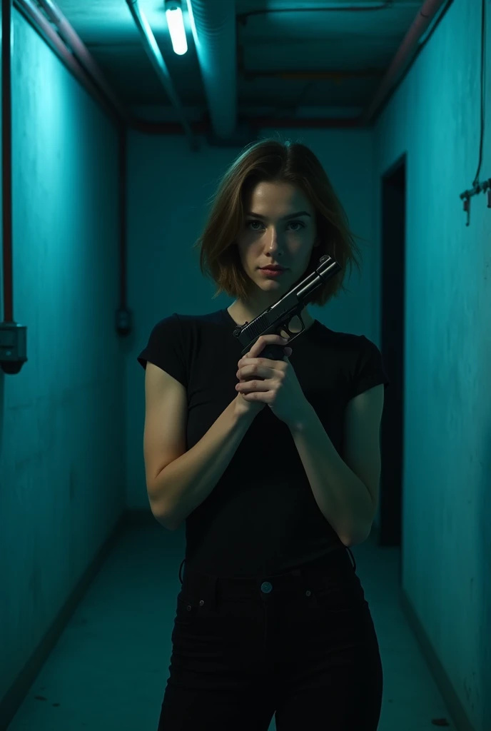 Photos, (Photorealistic: 1.4), (Hyperrealistic: 1.4), (Cinematic: 1.5), Woman in her 20s, Japan, Woman with a Gun, (Desert Eagle), Nikita, Night, Blue Light, Tension, Short Hair, Holding a Gun in Two Hands, Basement, Black T-Shirt, Electrical Cord on Wall, Water Pipe