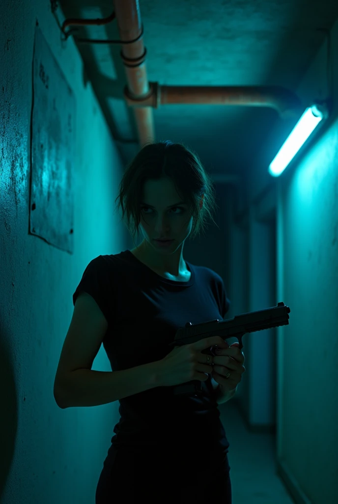 Photos, (Photorealistic: 1.4), (Hyperrealistic: 1.4), (Cinematic: 1.5), Woman in her 20s, Japan, Woman with a Gun, (Desert Eagle), Nikita, Night, Blue Light, Tension, Short Hair, Holding a Gun in Two Hands, Basement, Black T-Shirt, Electrical Cord on Wall, Water Pipe