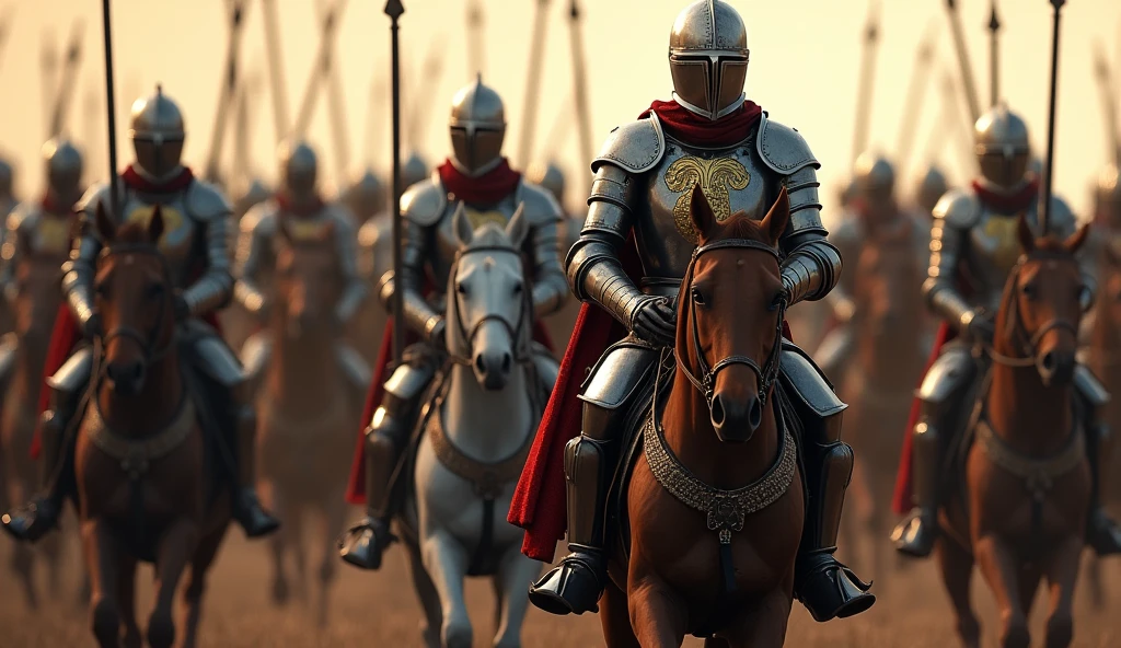 A highly realistic, high-contrast, 8K HD, detailed, hyper-detailed image of medieval knights advancing on horseback. The knights, clad in steel armor with lion emblems on their tunics and armor, and helmets fully covering their faces, ride powerful warhorses as they move forward in formation. Their swords are sheathed at their sides, and their armor gleams in the light as they lead the march. The horses are strong and determined, matching the resolve of the knights who ride them. The atmosphere is filled with anticipation and strength, capturing the unity and power of the knights as they advance towards the battle. The image is of the highest quality, with ultra-high resolution, RAW photo quality, and Unreal Engine rendering, showcasing the majestic sight of the knights and their warhorses as they march with purpose, with the lion emblem prominently displayed on their armor.