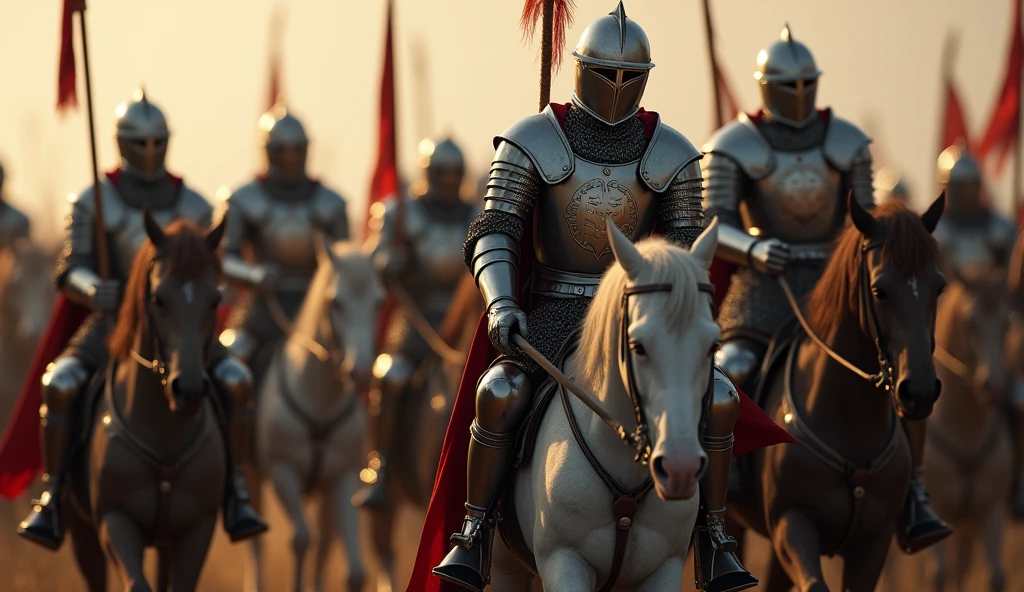 A highly realistic, high-contrast, 8K HD, detailed, hyper-detailed image of medieval knights advancing on horseback. The knights, clad in steel armor with lion emblems on their tunics and armor, and helmets fully covering their faces, ride powerful warhorses as they move forward in formation. Their swords are sheathed at their sides, and their armor gleams in the light as they lead the march. The horses are strong and determined, matching the resolve of the knights who ride them. The atmosphere is filled with anticipation and strength, capturing the unity and power of the knights as they advance towards the battle. The image is of the highest quality, with ultra-high resolution, RAW photo quality, and Unreal Engine rendering, showcasing the majestic sight of the knights and their warhorses as they march with purpose, with the lion emblem prominently displayed on their armor.