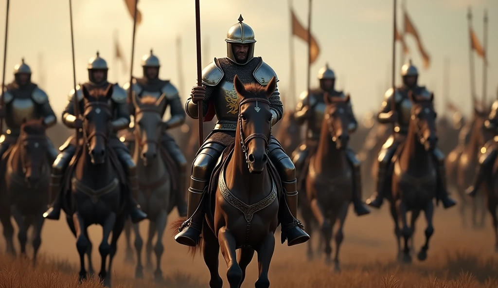 A highly realistic, high-contrast, 8K HD, detailed, hyper-detailed image of medieval knights advancing on horseback. The knights, clad in steel armor with lion emblems on their tunics and armor, and helmets fully covering their faces, ride powerful warhorses as they move forward in formation. Their swords are sheathed at their sides, and their armor gleams in the light as they lead the march. The horses are strong and determined, matching the resolve of the knights who ride them. The atmosphere is filled with anticipation and strength, capturing the unity and power of the knights as they advance towards the battle. The image is of the highest quality, with ultra-high resolution, RAW photo quality, and Unreal Engine rendering, showcasing the majestic sight of the knights and their warhorses as they march with purpose, with the lion emblem prominently displayed on their armor.