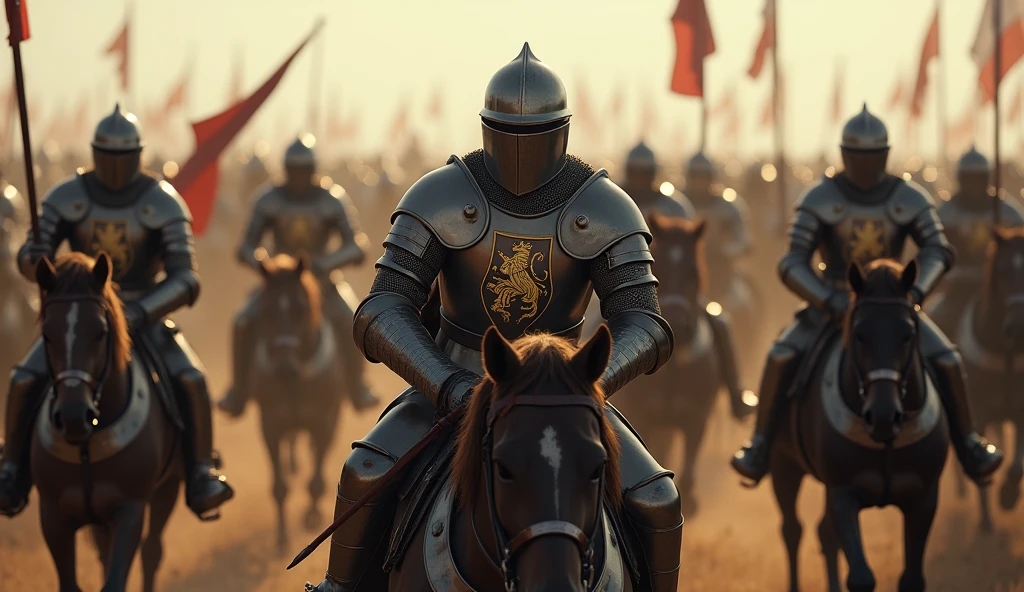 A highly realistic, high-contrast, 8K HD, detailed, hyper-detailed image of medieval knights advancing on horseback. The knights, clad in steel armor with lion emblems on their tunics and armor, and helmets fully covering their faces, ride powerful warhorses as they move forward in formation. Their swords are sheathed at their sides, and their armor gleams in the light as they lead the march. The horses are strong and determined, matching the resolve of the knights who ride them. The atmosphere is filled with anticipation and strength, capturing the unity and power of the knights as they advance towards the battle. The image is of the highest quality, with ultra-high resolution, RAW photo quality, and Unreal Engine rendering, showcasing the majestic sight of the knights and their warhorses as they march with purpose, with the lion emblem prominently displayed on their armor.
