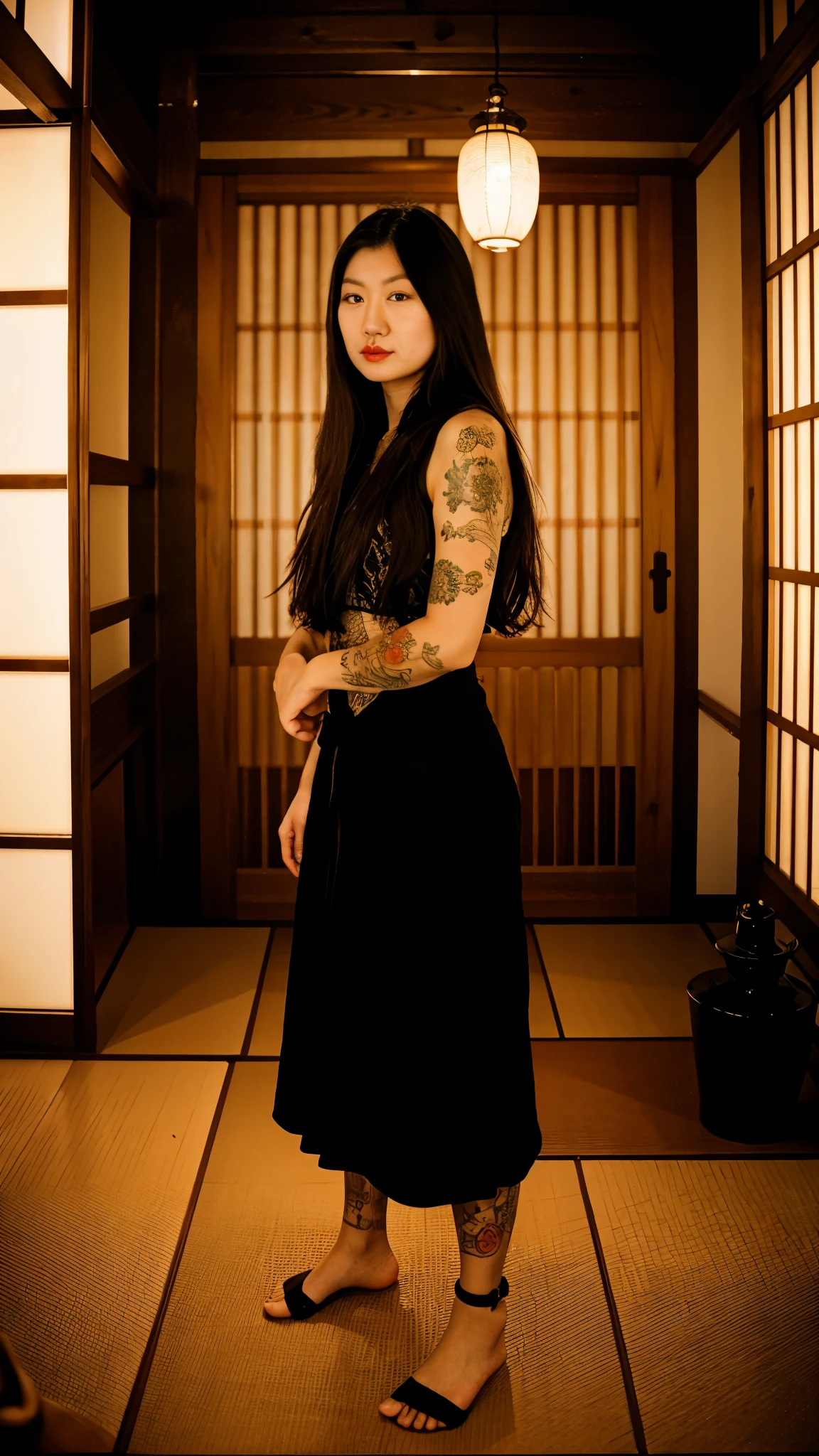 25 year old japanese woman and beautiful and masterpiece and best quality and TATTOO and IREZUMI and film grain, full body,