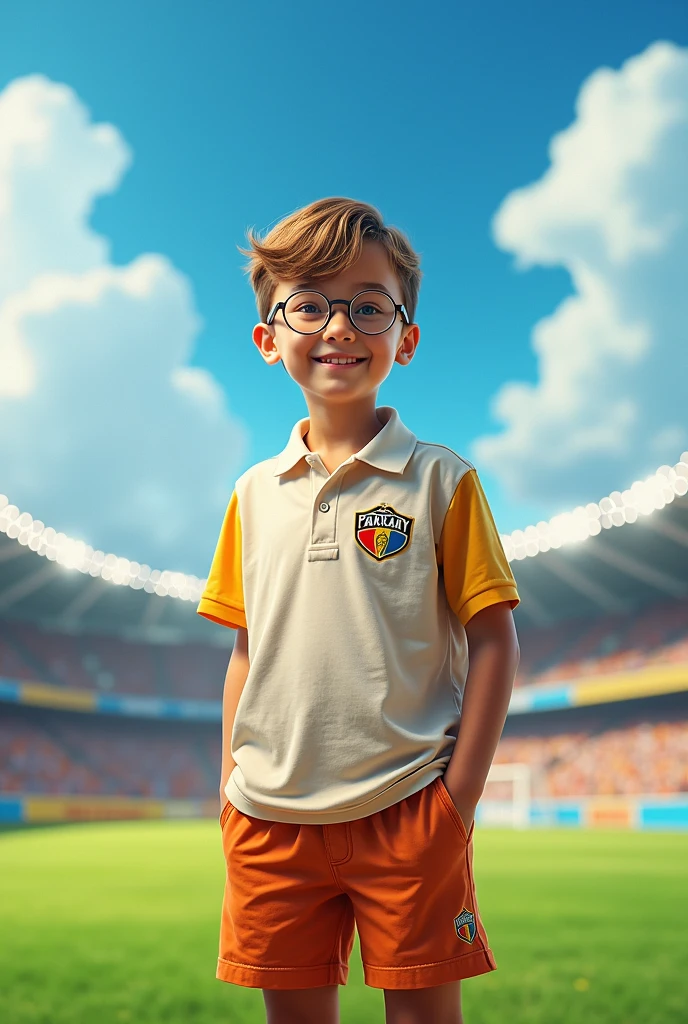 A crest of a football team called parkgay, add a boy with twill shot, polo shirt without a crest and glasses 