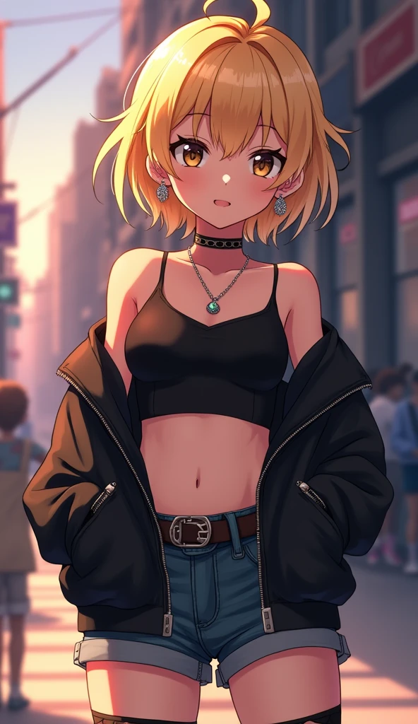A blond haired cute anime male, brown eyes, short length blond messy hair, anime episode, wearing a black spaghetti strap males crop top, and a black jacket, feminine boy, soft personality, cute, wearing earrings, wearing black denim shorts, wearing black thigh highs, and black high heels, dynamic posing, anime TV series, anime screencap (cinematic lighting:1.2), masterpiece, best quality, very aesthetic, absurdres