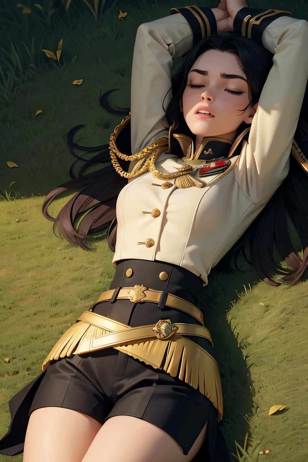 Beautiful 20 year old female soldier, She is wearing a tailored, black hussar uniform with a high collar and golden decorations and epaulets on her shoulders, She also wears a belt and tight White shorts, strong legs, full length view from above as she lays dead on the grassy field, a casualty of combat, eyes closed, lying prone flat on her back on the ground, perfect teeth, perfect features