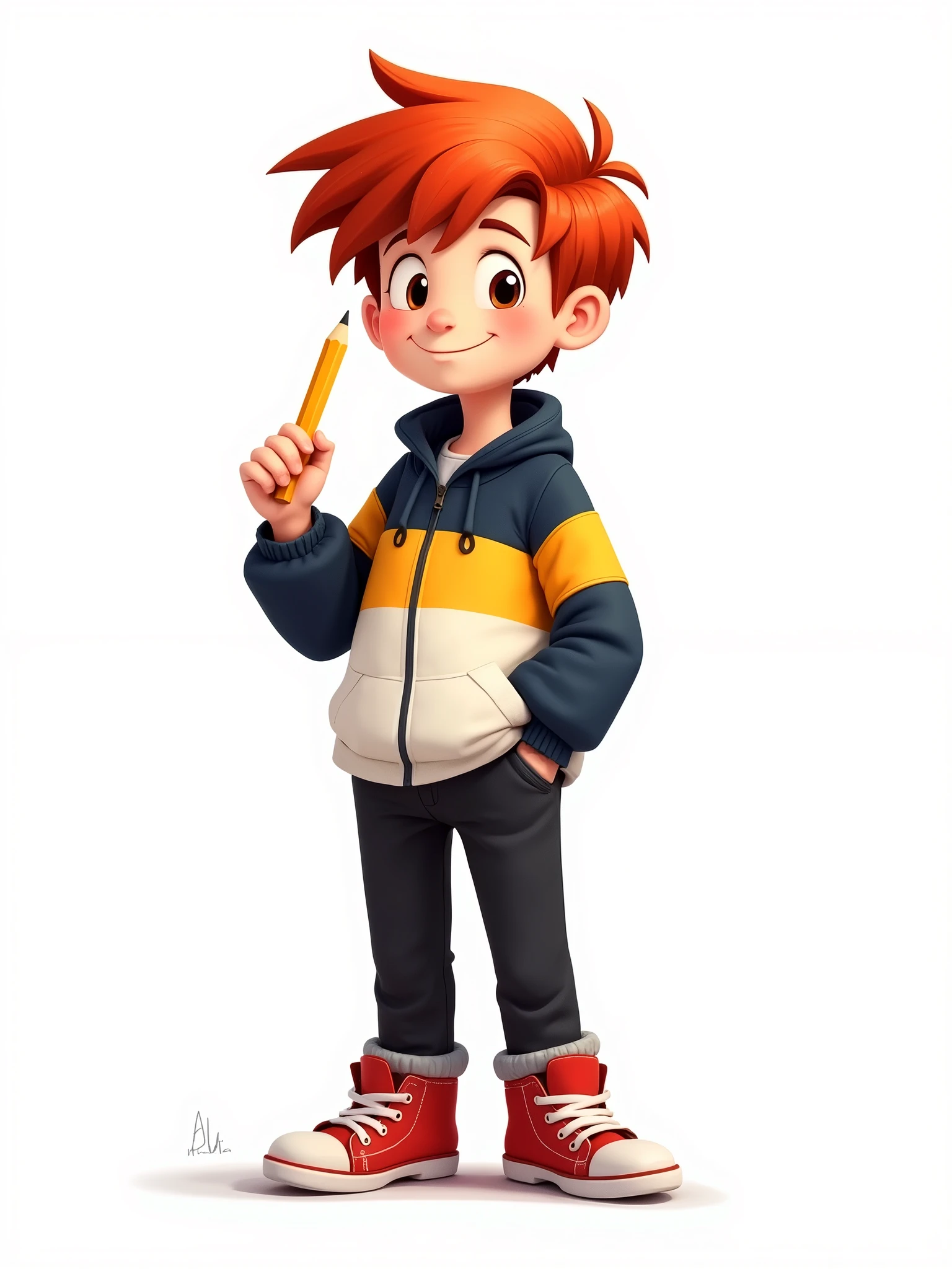 A red-haired boy with a dark blue, yellow and white shirt, black pants and red sneakers, holding a pencil, with a backpack on his back. 2D style drawing, he is on a white background.