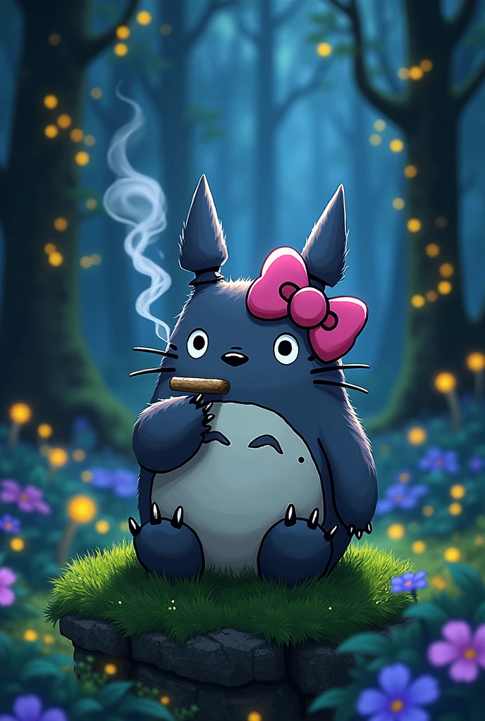 Totoro smoking a blunt with a hello kitty bow