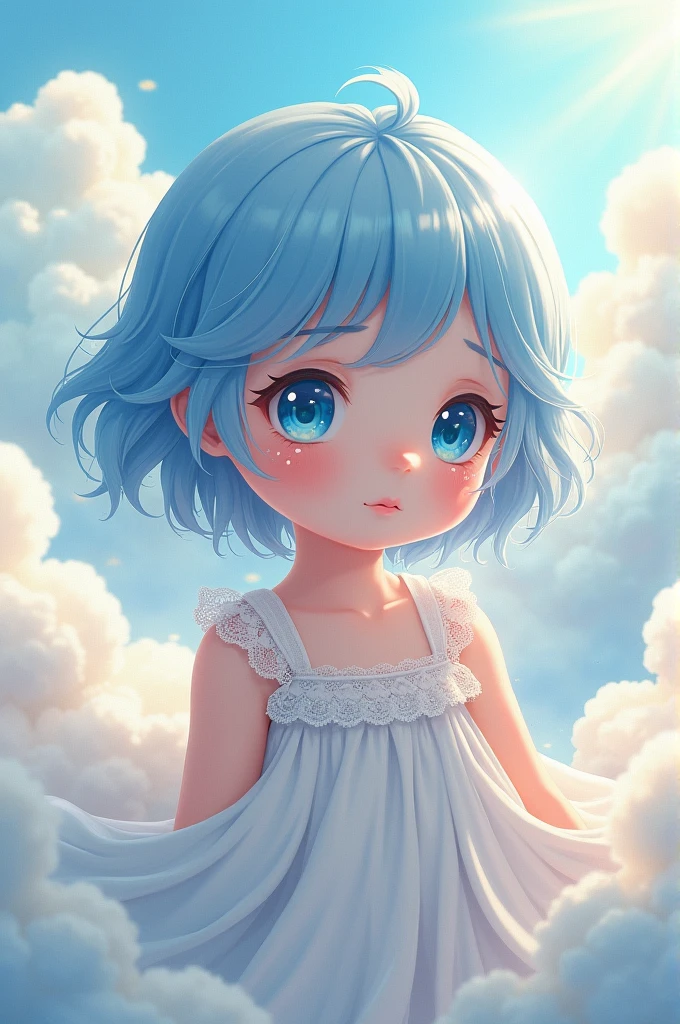 Anime style, baby girl, blue hair, blue eyes, wrapped in drapes, little white dress, tears in eyes