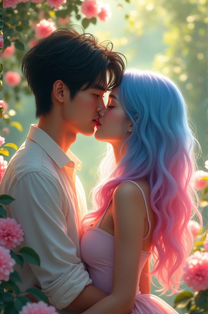 The handsome man (black hair) kiss the girl (blue and pink hair)