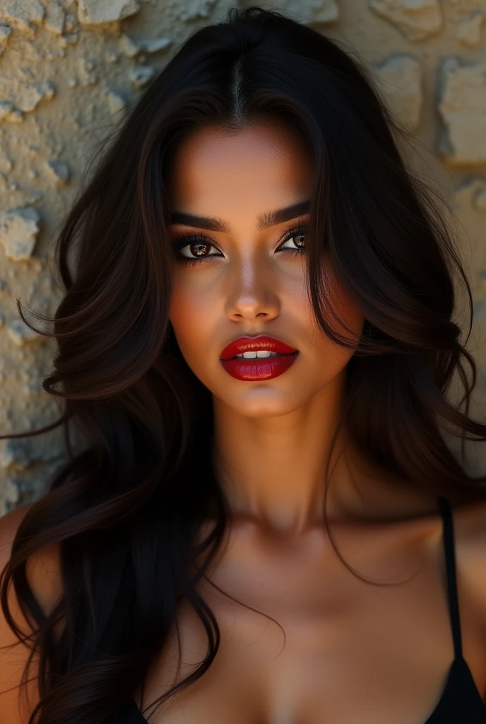 realistic,raw photo,a beautiful, hot ((indian ultra detailed,realistic, hot supermodel)), stood in front of the wall and stuck provocative pose, she wears bold, smoky eye makeup and glossy red lipstick,detailed eyes and face,ultra detailed hair,attractive appearance,confident gaze,longeyelashes,beauty,sexy masterpiece, best quality, highly detailed, desire, blush, (beautiful and detailed eyes description), (beautiful and detailed face), perfect female body, (best quality), (ultra detailed), (master piece), (hight resolution), (original), (the extremely detailed cg unity 8k wallpapers)