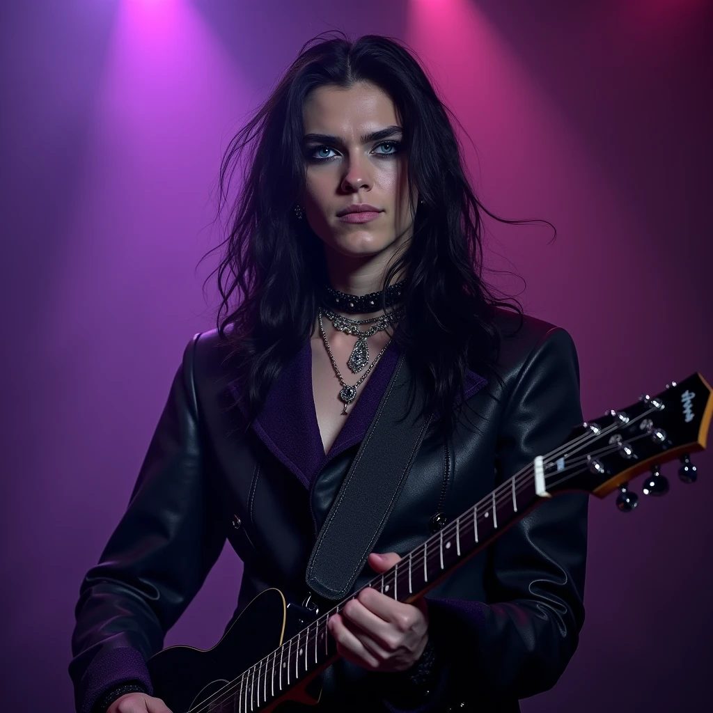 A sexy young male, with long black hair, teal blue eyes, long eyelashes, and delicate and pretty, handsome features. Dressed in all gothic clothes. In a metal band, singing and playing electric guitar. (No facial or body hair) seductive, pretty. The overall look is very erotic. His skin is pale and white. (((Gothic style))) (((Halloween))) ((Best quality)), ((masterpiece)), 8k (detailed), ((perfect face)) ((fullbody)), perfect proportions. (((No facial hair))) ((no body hair)) (((young handsome boy))) (((purple and black))) He's sexy. Wearing a gothic waist corset. Male. Boy. Handsome. Smirking maliciously and looking down at the camera.