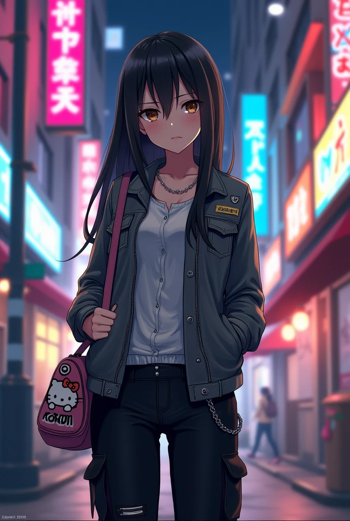 Female anime character with black hair, brown eyes, a gray jacket, black cargo pants, and a Kuromi bag. 