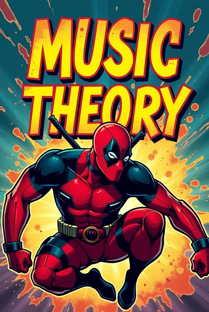 A notebook cover that says "Music Theory" with the drawing style of the Deadpool comic, and also incorporates the character.. Make the text say Music Theory and be a little more focused, Keep in mind that it is the cover for the first page of a notebook and I want to do it by hand., then don't make it so complicated, make the image comic style and have comic elements, and remove the musical notes, and leave few