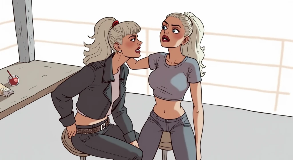 Old russian milf, platinum blonde hair in top ponytail, with very light blue eyes, pale, heavy eye shadow s. Wearing black moto jacket, cropped rock t-shirt, black leather jeans and white tennis sneakers. Wide studded belt,Scared