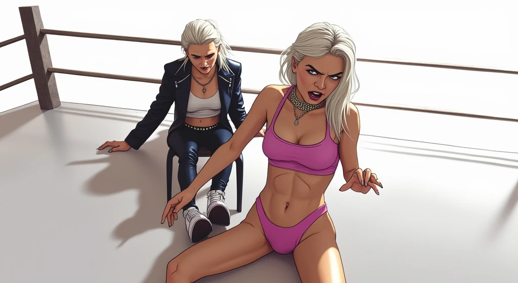 Old russian milf, platinum blonde hair in top ponytail, with very light blue eyes, pale, heavy eye shadow s. Wearing black moto jacket, cropped rock t-shirt, black leather jeans and white tennis sneakers. Wide studded belt,Scared