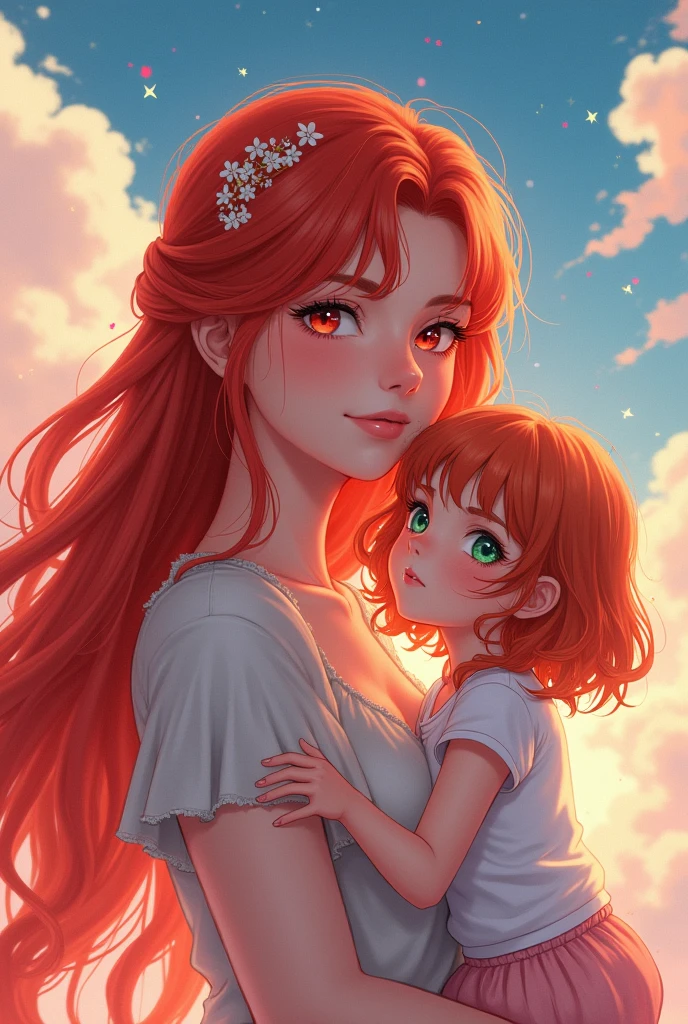 An anime style portrait of a 1 year old young woman.69 meters tall red hair, red eyes white skin. Her husband of 1.85 meters black hair green eyes and white skin and her 2 year old daughter Salome, similar to both