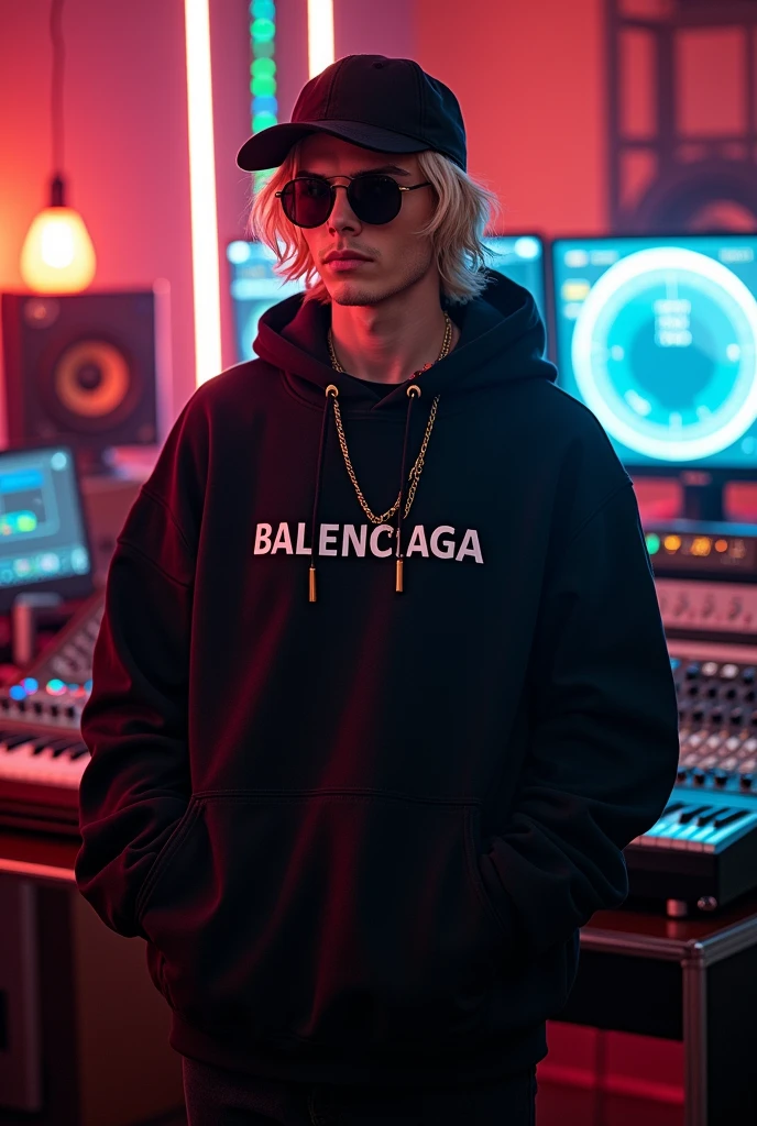 (photorealism:1.2) a 35 years old blonde guy, japanese style clothes streetwear, oversized, black, balenciaga, fitness, wearing balenciaga streetwear, balenciaga, all black, hoodie over the head, wide jacket, japanese style, oversized clothes, black cap, black sunglasses, black nails, boots, chains, background is a music studio.