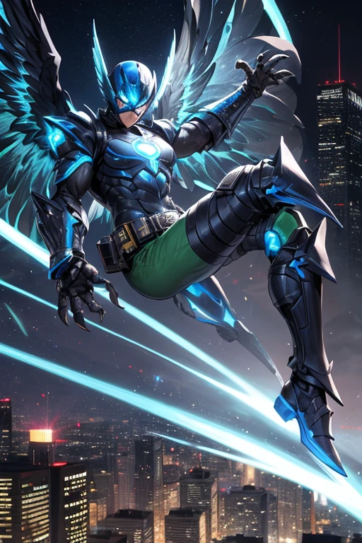 ((best quality)), ((masterpiece)), (detailed), 1 male, full body, 25 years old, blue head, uncovered mouth, blue biker helmet, black beak, black collar, tall, thin, metallic wings, wings on his suit, black fingerless gloves, blue wrist guards, luminous blue wings that shoot lasers, blue suit resembling light armor, blue suit with an emblem, completely green chest, emblem on his chest, green pants, deployable bird tail, grey knee pads, metallic grey boots, metallic bird claws, black superhero belt, flying through the city, high noon city background, anime